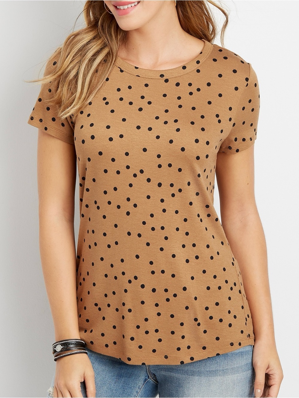 Maurices 24/7 Polka Dot Tee Gold & Black Short Sleeve Crew Neck Small Women’s
